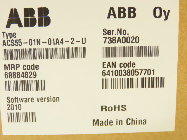 ABB ACS55-01N-01A4-2-U  AC Drive 0.18KW/ 0.25HP 0-250Hz  240VAC 1PH to 3PH