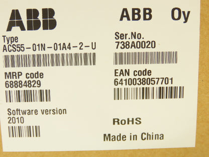ABB ACS55-01N-01A4-2-U  AC Drive 0.18KW/ 0.25HP 0-250Hz  240VAC 1PH to 3PH