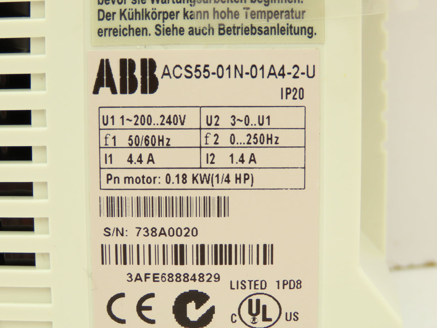 ABB ACS55-01N-01A4-2-U  AC Drive 0.18KW/ 0.25HP 0-250Hz  240VAC 1PH to 3PH