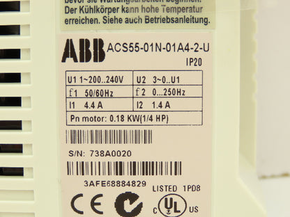 ABB ACS55-01N-01A4-2-U  AC Drive 0.18KW/ 0.25HP 0-250Hz  240VAC 1PH to 3PH