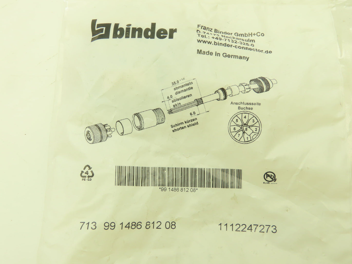 Binder 713 99 1486 812 08 Female Cable Connector 8-Pin Shieldable  LOT OF 4