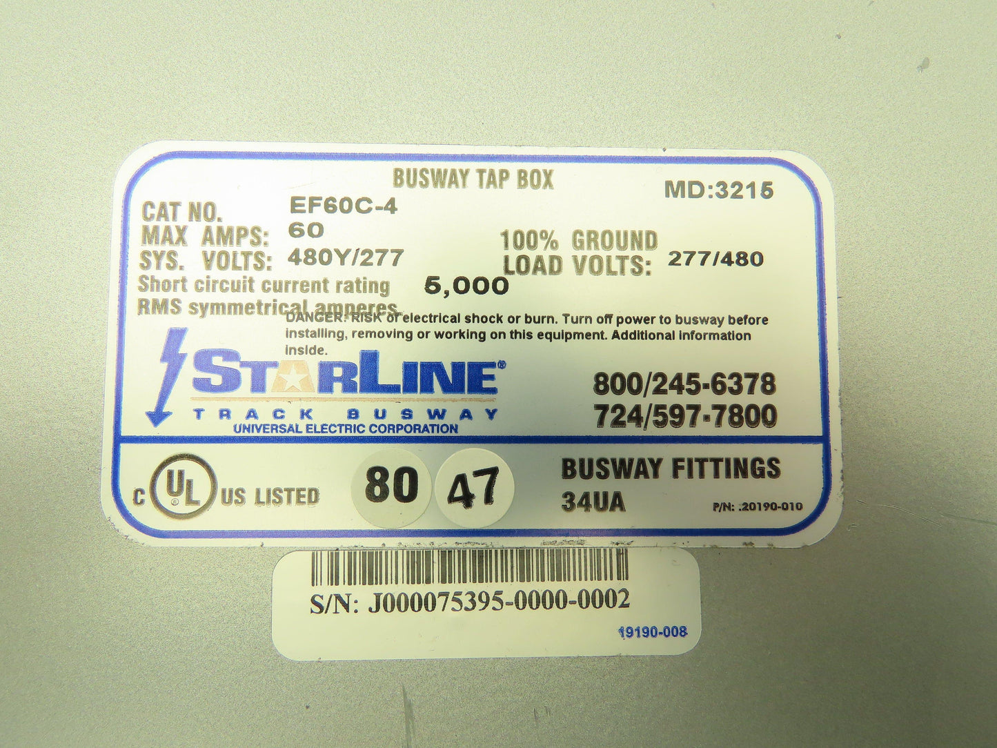 StarLine EF60C-4 Track Busway End Feed Unit Tap Box 60A 480Y/277V 3Ph