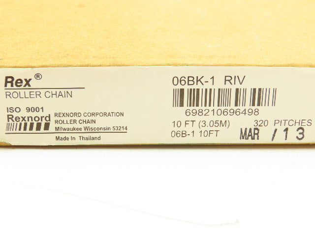 Rexnord 06BK-1 RIV  #06B Roller Chain 320 Pitch 10'