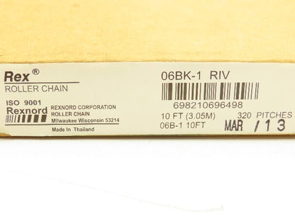 Rexnord 06BK-1 RIV  #06B Roller Chain 320 Pitch 10'