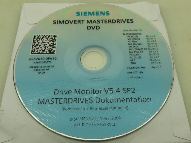 Siemens 6SX7010-0FA10 Siemens Simovert Masterdrives CD Drive Monitor V5.4 SP2
