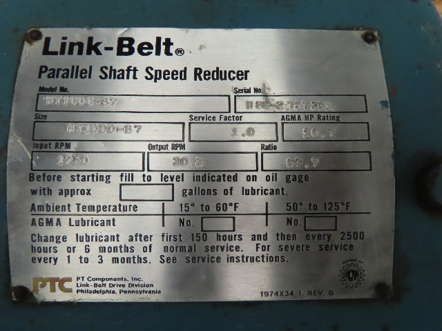 Link Belt HT1000-67 Parallel Shaft Speed Reducer 10.7Hp 57.7 Ratio 30.3RPM Out