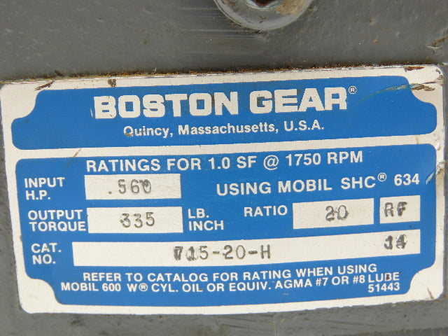 Boston 715-20-H Speed Reducer Worm Gearbox 20:1 Ratio 0.56HP 3/4" Vertical Shaft