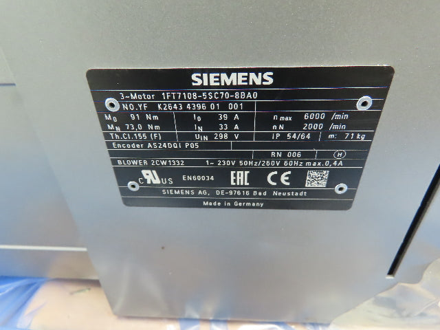Siemens 1FT7108-5SC70-8BA0 Servo Motor Simotics Synchronous 33A 298VDC 2000 RPM
