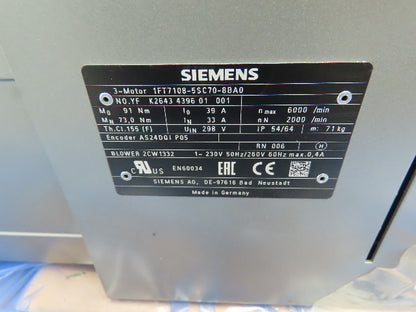 Siemens 1FT7108-5SC70-8BA0 Servo Motor Simotics Synchronous 33A 298VDC 2000 RPM