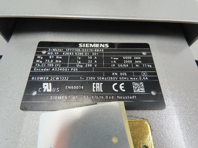 Siemens 1FT7108-5SC70-8BA0 Servo Motor Simotics Synchronous 33A 298VDC 2000 RPM