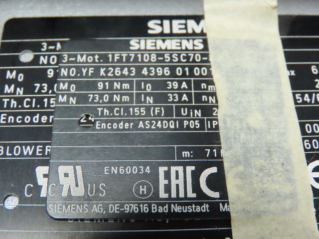 Siemens 1FT7108-5SC70-8BA0 Servo Motor Simotics Synchronous 33A 298VDC 2000 RPM