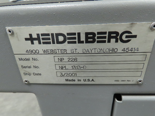 Heidelberg NP 226 Incline Belt Conveyor 9"Belt 34"Load 54"Disp. Variable Speed