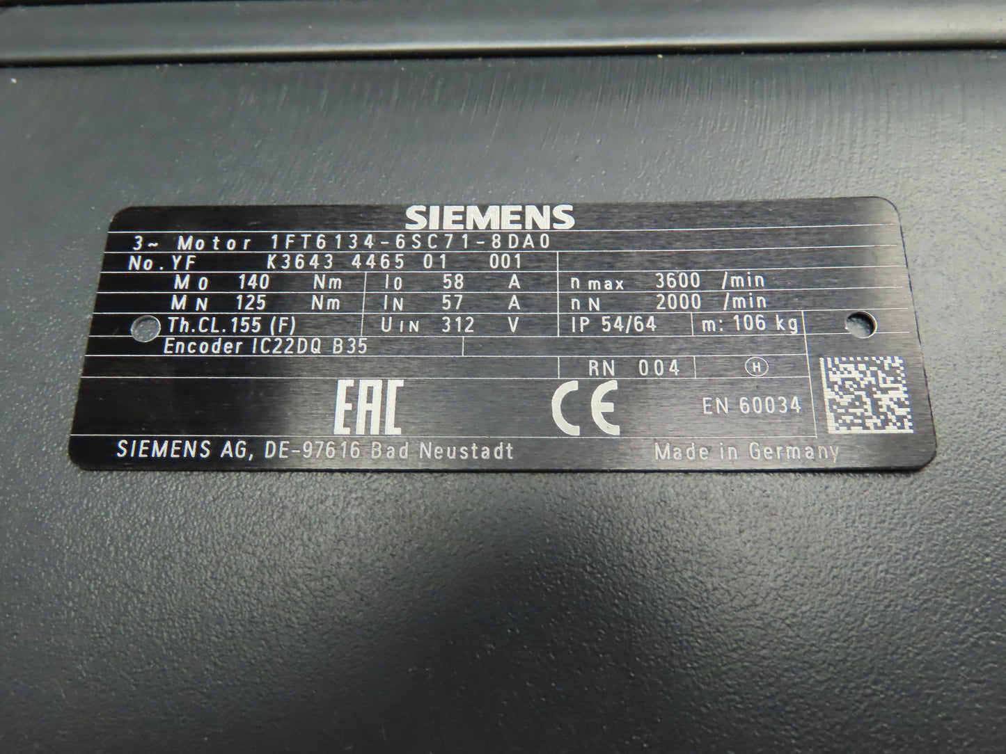 Siemens 1FT6134-6SC71-8DA0 Servo Motor Simotics Synchronous 2000 RPM 26.2KW 35HP