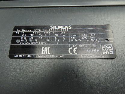 Siemens 1FT6134-6SC71-8DA0 Servo Motor Simotics Synchronous 2000 RPM 26.2KW 35HP