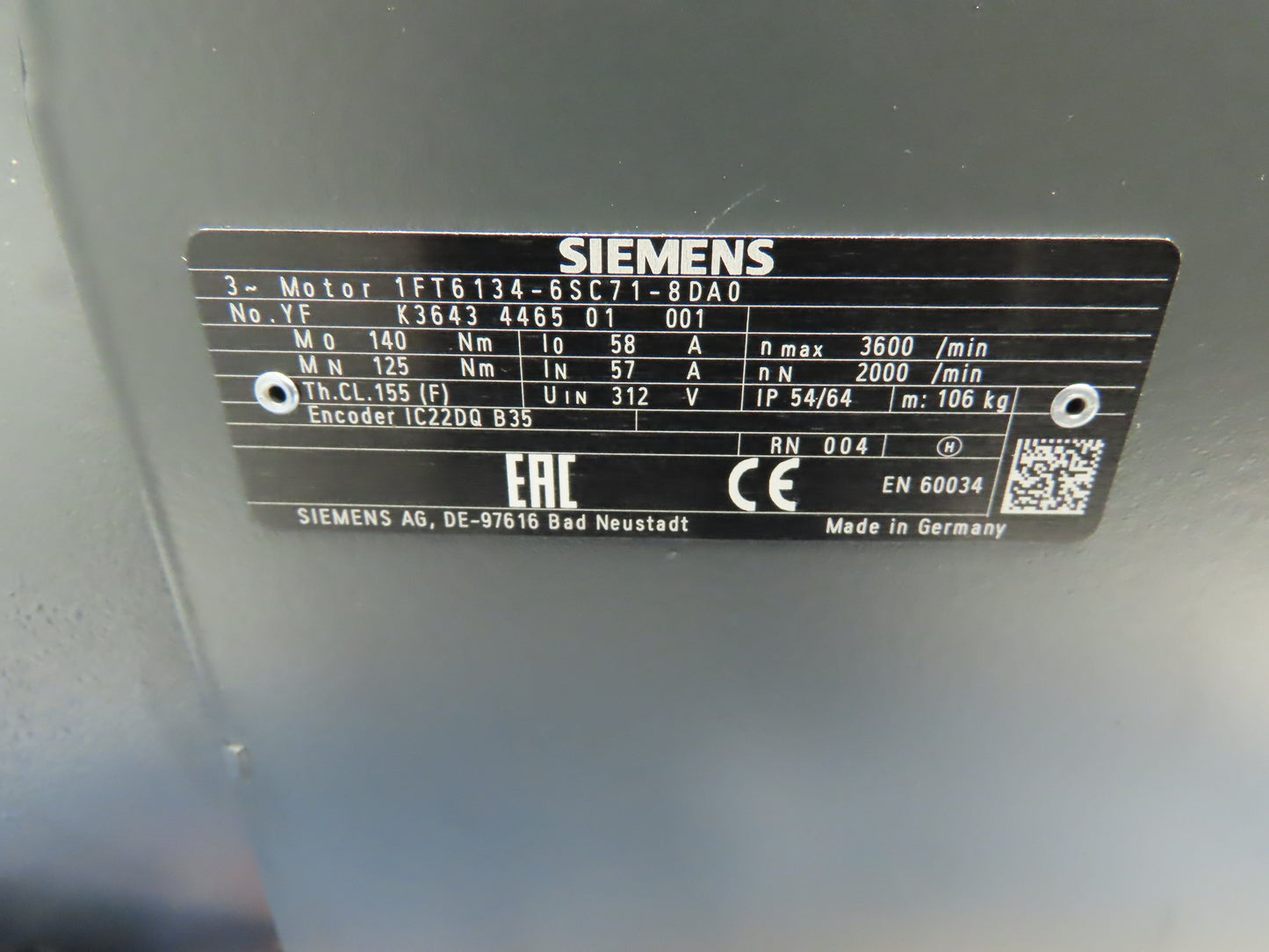 Siemens 1FT6134-6SC71-8DA0 Servo Motor Simotics Synchronous 2000 RPM 26.2KW 35HP