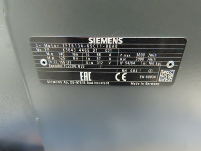 Siemens 1FT6134-6SC71-8DA0 Servo Motor Simotics Synchronous 2000 RPM 26.2KW 35HP