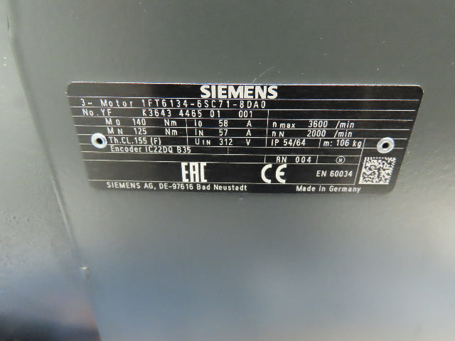 Siemens 1FT6134-6SC71-8DA0 Servo Motor Simotics Synchronous 2000 RPM 26.2KW 35HP