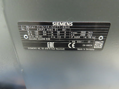 Siemens 1FT6134-6SC71-8DA0 Servo Motor Simotics Synchronous 2000 RPM 26.2KW 35HP