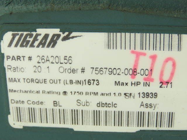 Dodge Tigear 26A20L56 Worm Gear Box Speed Reducer 20:1 Ratio 2.71HP 1-1/8"LH 56C