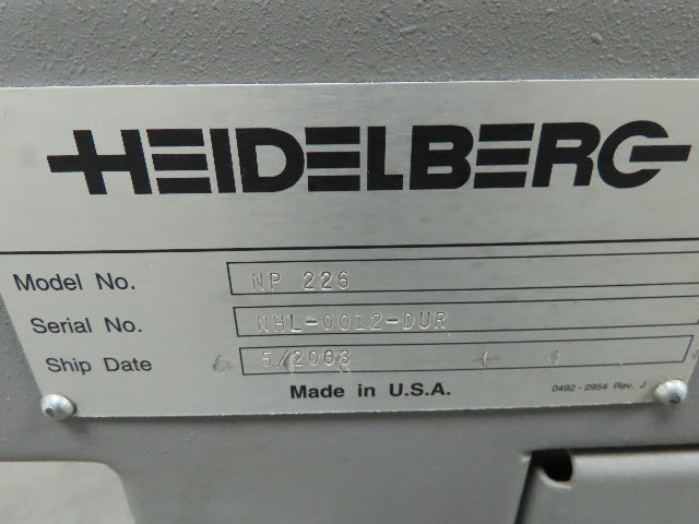 Heidelberg NP 226 Incline Belt Conveyor 9"Belt 34"Load 54"Disp. Variable Speed
