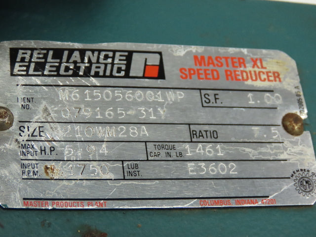 Reliance Master XL 210WM28A Speed Reducer Gearbox 7.5:1 R 5.94HP 1-1/2" LH 210TC