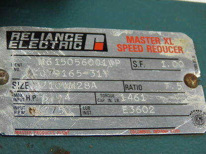 Reliance Master XL 210WM28A Speed Reducer Gearbox 7.5:1 R 5.94HP 1-1/2" LH 210TC