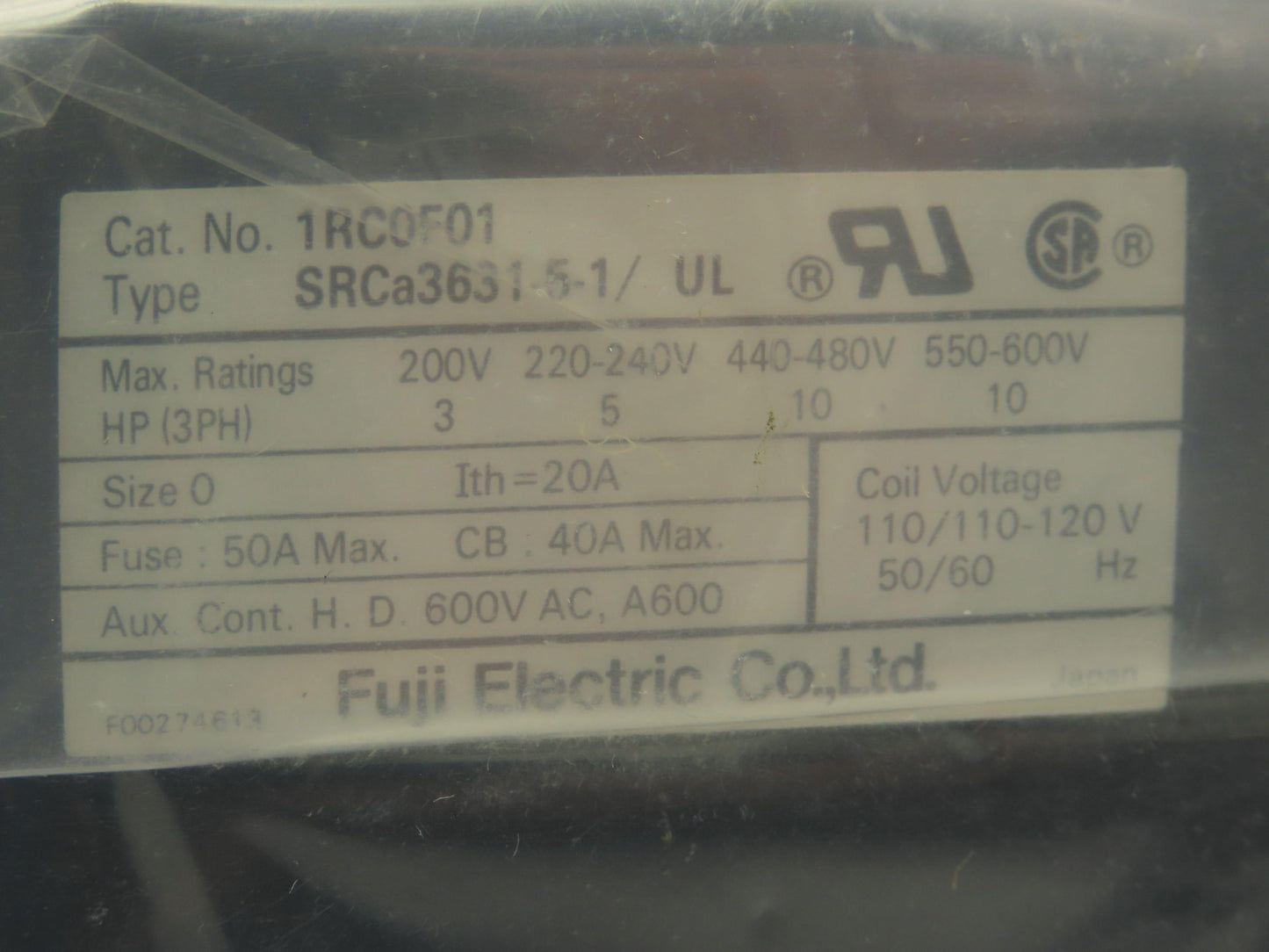 Fuji Electric SRCA3631-5-1 Motor Starter Contactor 10HP 3 Ph Size 0 120V Coil