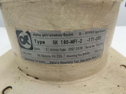 Alpha SK 180-MF1-2-171 Right Angle Planetary Gearbox 2:1 Ratio Gear Head 32x40mm