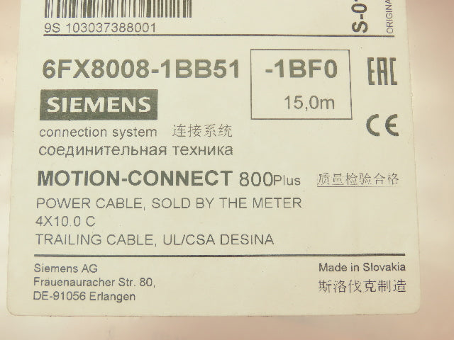 Siemens 6FX8008-1BB51 Power Cable 4x10.0 C Trailable 15M  Motion-Connect 800+