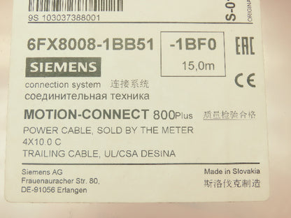 Siemens 6FX8008-1BB51 Power Cable 4x10.0 C Trailable 15M  Motion-Connect 800+