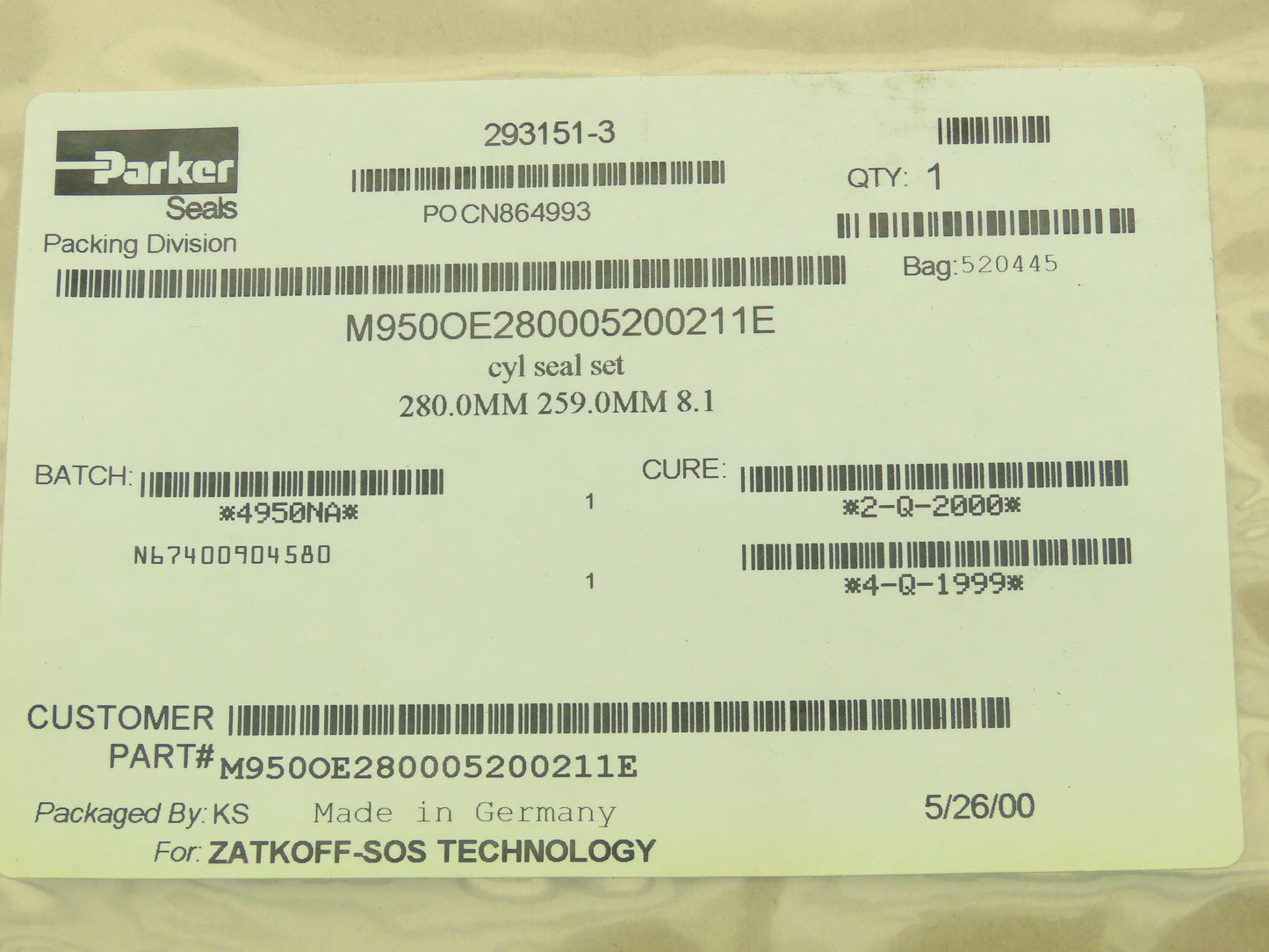 Parker M950OE280005200211E Seal Hydraulic Oil Packing Seal Set 280MM 259MM 8.1