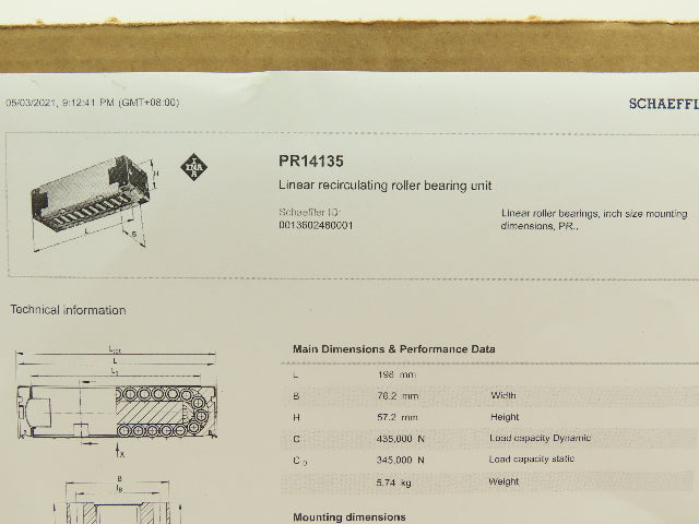 INA (Schaeffler) PR 14135 GR1 Linear Recirculating Roller Bearing
