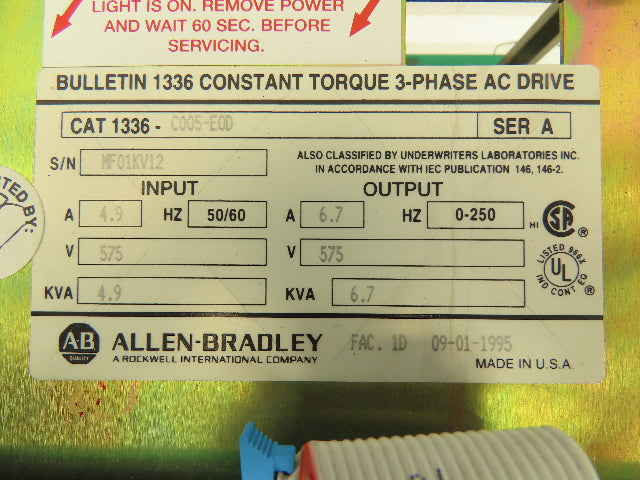 Allen Bradley 1336C005EOD VFD AC Variable Speed Drive Controller 575V 3 Ph 6.7A