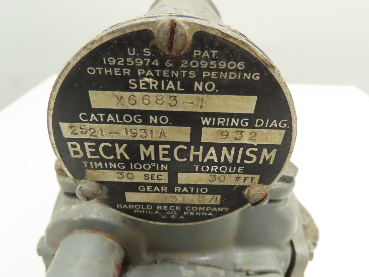 Harold Beck Company 2521-1931A Actuator 131.5:1 Ratio 30#FT. 100° in 30 Sec 115v