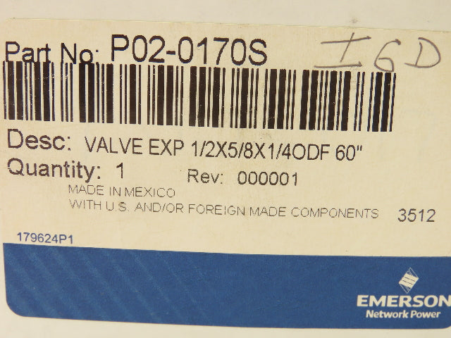 Emerson P02-0170S Expansion Valve 1/2x 5/8x 1/4" ODF
