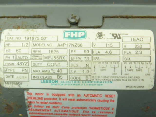 Leeson A4P17NZ68 1/2 Hp 115/230v 1 Phase 1625rpm 84YZ Frame Air Over Fan Motor