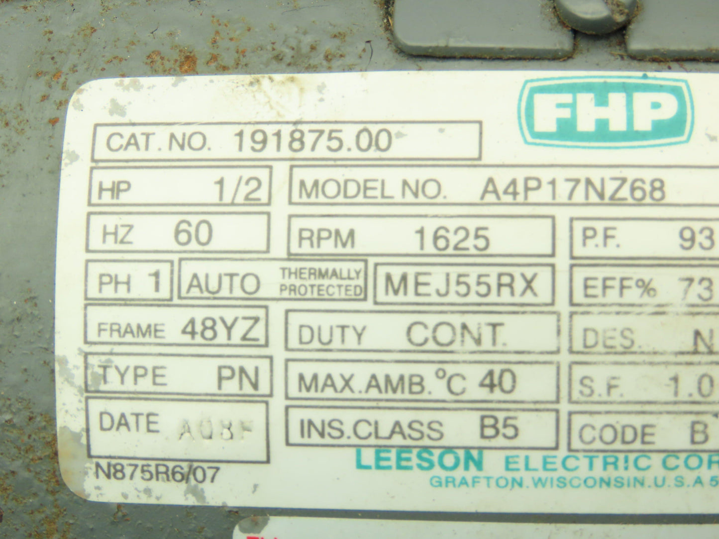 Leeson A4P17NZ68 1/2 Hp 115/230v 1 Phase 1625rpm 84YZ Frame Air Over Fan Motor