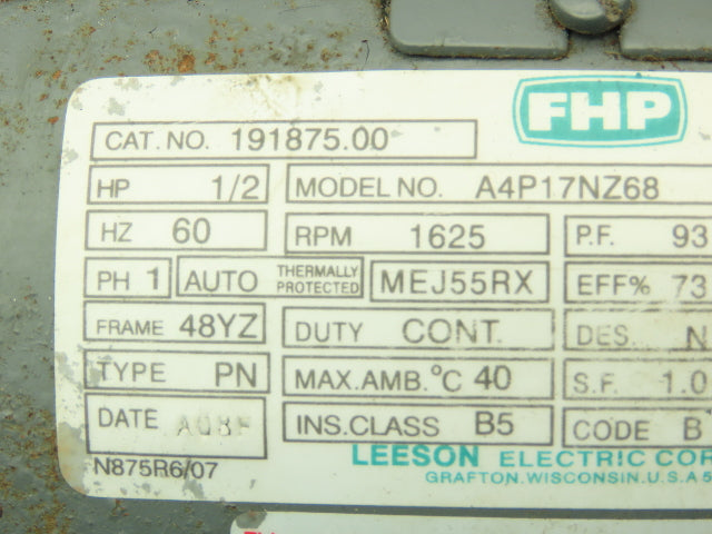 Leeson A4P17NZ68 1/2 Hp 115/230v 1 Phase 1625rpm 84YZ Frame Air Over Fan Motor