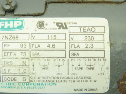 Leeson A4P17NZ68 1/2 Hp 115/230v 1 Phase 1625rpm 84YZ Frame Air Over Fan Motor