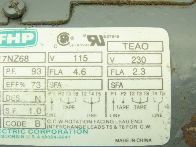 Leeson A4P17NZ68 1/2 Hp 115/230v 1 Phase 1625rpm 84YZ Frame Air Over Fan Motor