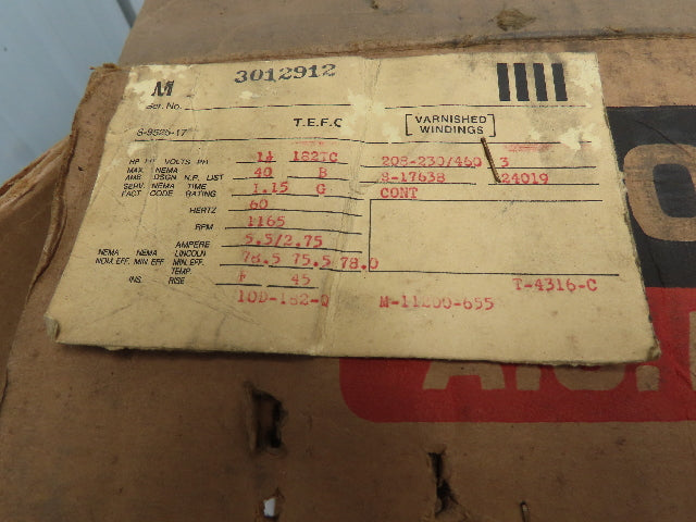 Lincoln T-4316-C 1.5 Hp 1165 Rpm 182TC Frame 208-230/460v 3 Phase Motor