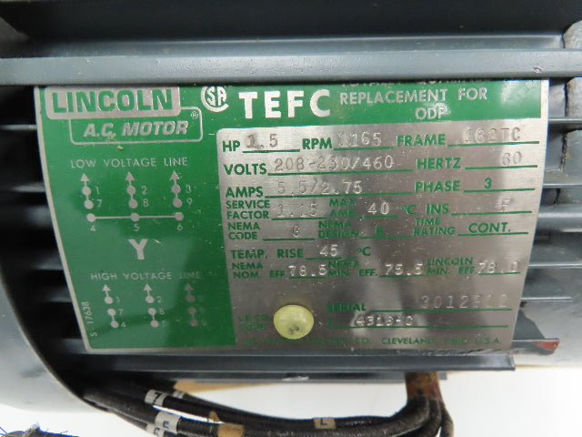 Lincoln T-4316-C 1.5 Hp 1165 Rpm 182TC Frame 208-230/460v 3 Phase Motor