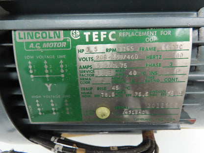 Lincoln T-4316-C 1.5 Hp 1165 Rpm 182TC Frame 208-230/460v 3 Phase Motor