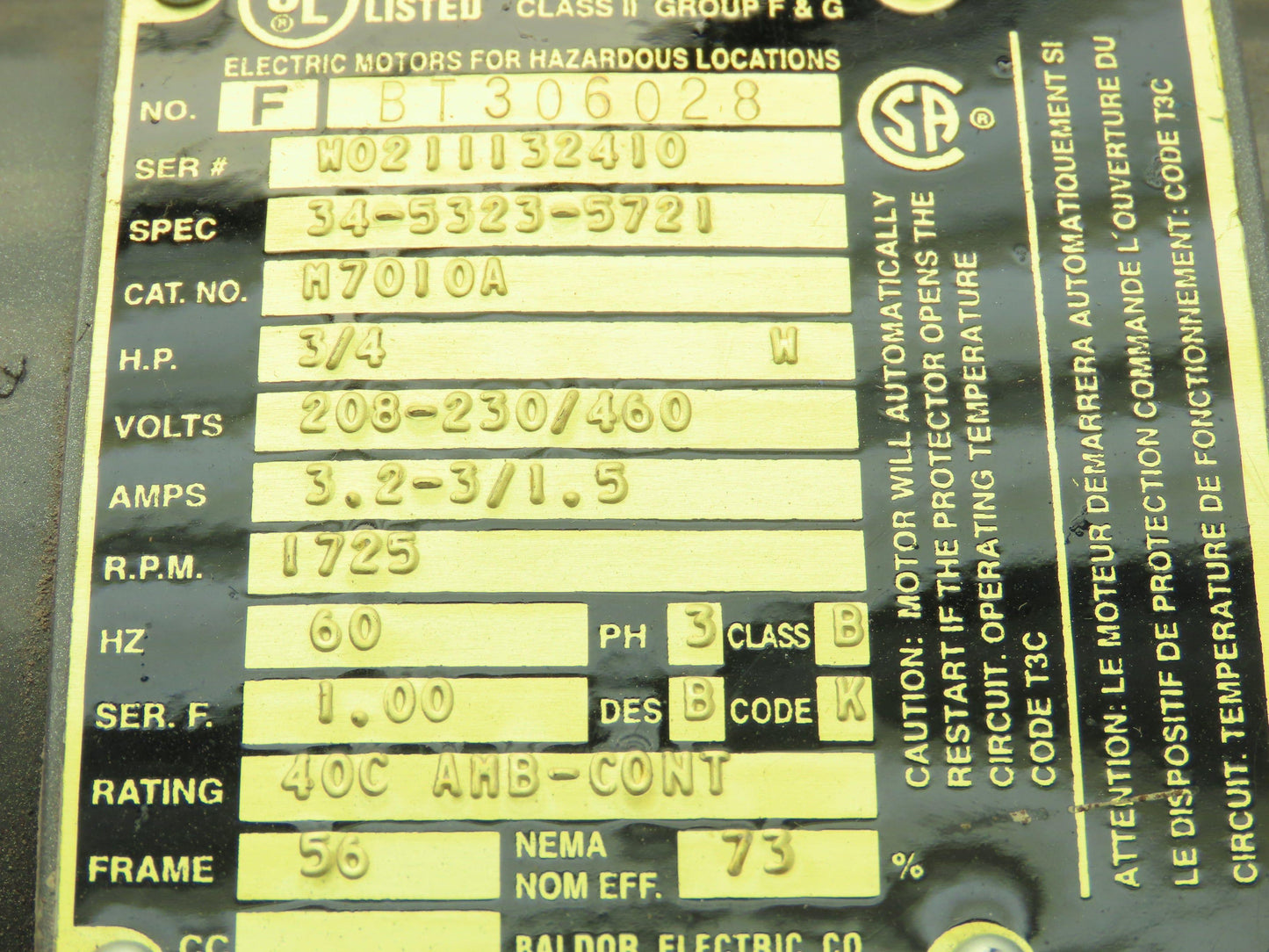 Baldor 3/4 Hp 1725rpm 56 Frame 208-230/460v 3ph Hazardous Location Motor