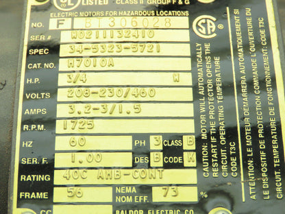 Baldor 3/4 Hp 1725rpm 56 Frame 208-230/460v 3ph Hazardous Location Motor