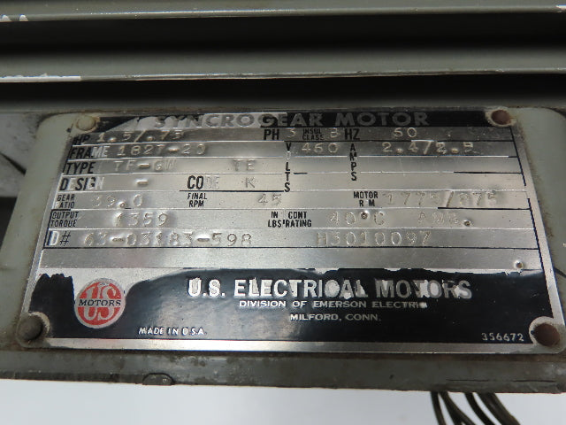 US Electric Syncrogear Motor Speed Reducer 39:1 Ratio 45Rpm 1.5hp 460v Gearmotor
