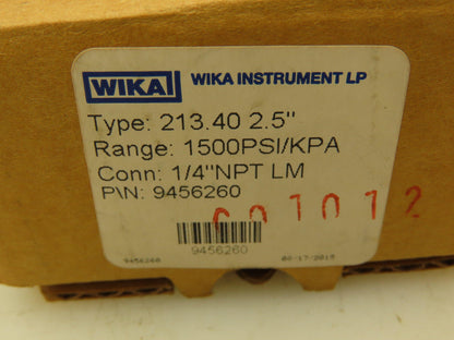 Wika 9456260 Pressure Gauge Liquid Filled 2-1/2" Dial 1500 psi (kPa) 1/4" NPT