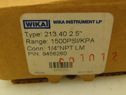 Wika 9456260 Pressure Gauge Liquid Filled 2-1/2" Dial 1500 psi (kPa) 1/4" NPT