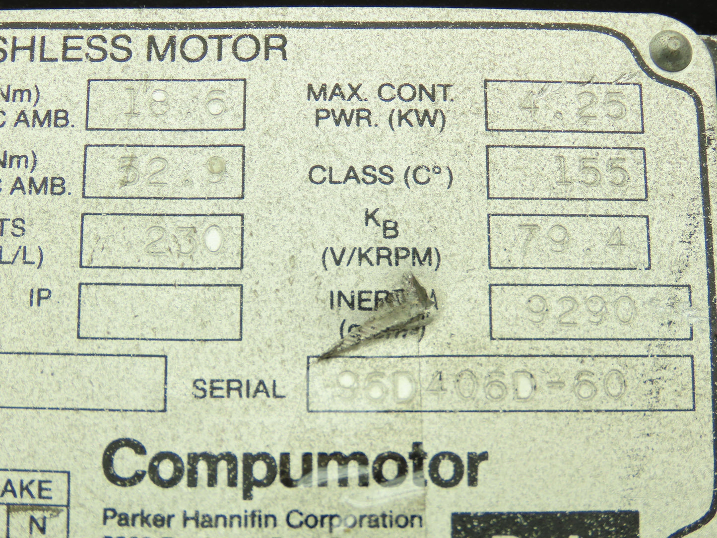 Parker 630-B Compumotor Brushless Servo Drive Motor 230V 2500RPM 4.25KW