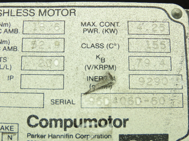 Parker 630-B Compumotor Brushless Servo Drive Motor 230V 2500RPM 4.25KW